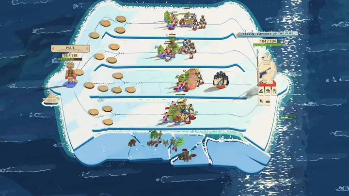 Calvin, Emperor of the Floe: the bottom lane of his ice floe cracks away into a dark sea with wolves and brutes tumbling on its pieces, while penguins and paper armies fight down the other lanes and the paper polar bear watches from his berg.