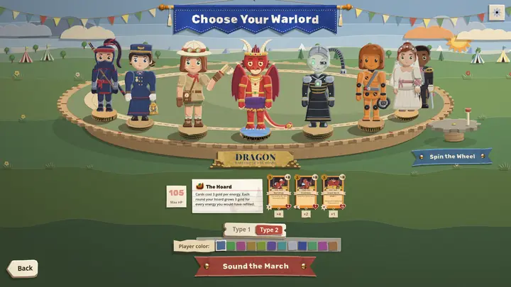 Choose Your Warlord: paper warlords stand on a turntable at a fairground, a crash test dummy and a bride and groom among them, the Dragon at the front with his starting cards.