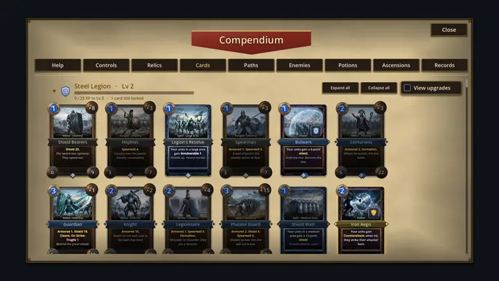 The compendium, logging every card relic and lord discovered so far.