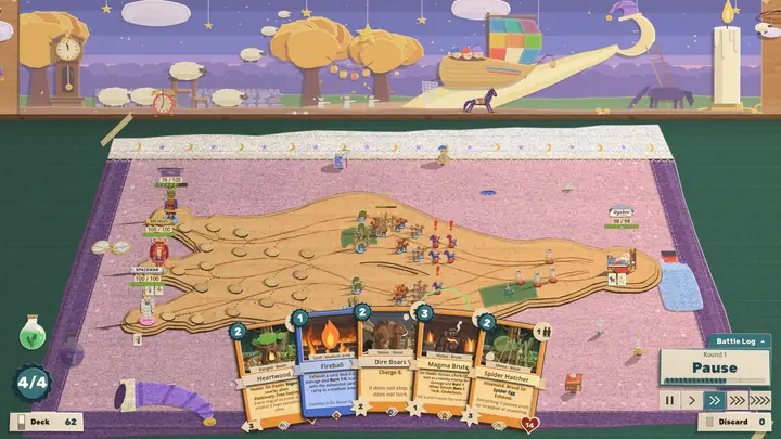 A co-op battle on Wynken's floating islands: three warlords stand at one end of a shared cardboard board, their squads marching down its roads.