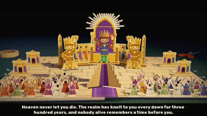An ending in the pop-up book: the warlord on a gold throne as the Undying God-Emperor, gold colossi and temples standing up off the page, a crowd raising their arms, and the caption: Heaven never let you die.