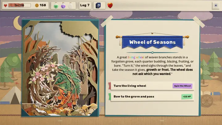 A pop-up event page, Wheel of Seasons: a living wheel of woven branches in a forgotten grove, its quarters budding, blazing, fruiting and bare, the page pinned up in front of a cut-paper camp at dusk.
