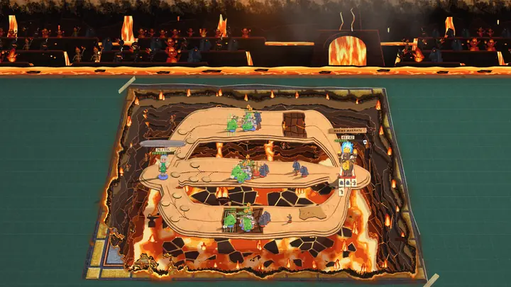 The Magma Magnate's arena: the board sits in a pool of lava and the back wall has burned through to his cavern of demons.