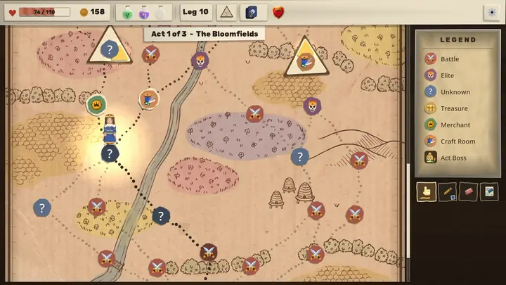 The act map of the Bloomfields: roads wind past battles, events and a merchant, and two paper triangles mark the act's vow stops.