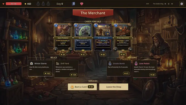 The merchant's stall, cards relics and potions laid out for sale.