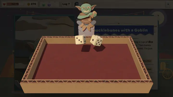 Knucklebones with a Goblin: two dice tumble into a red felt tray while a grinning goblin leans over it.