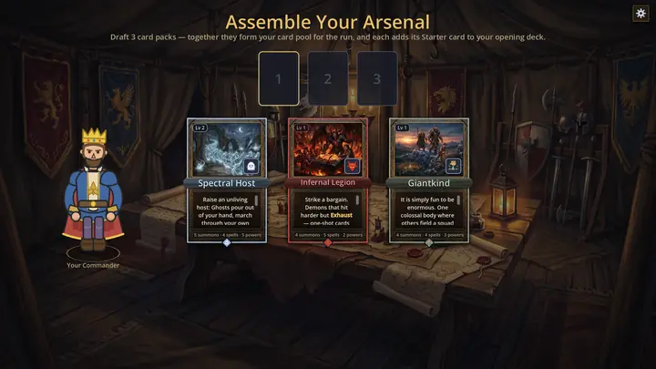 The war-tent pack draft, three themed card packs offered side by side.