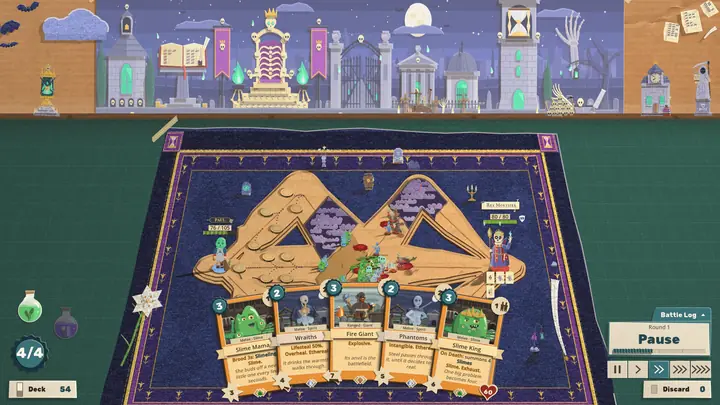 Rex Mortifer's crossroads: slimes, ghosts and giants march into his skeletons on a midnight-blue board, a bone temple on the backdrop.