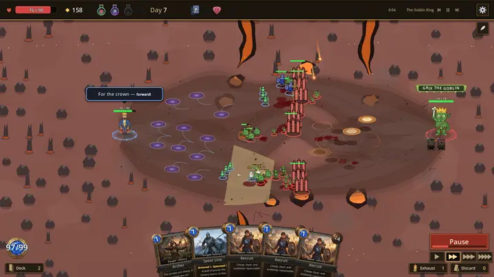 A meteor spell lands on a packed enemy line.