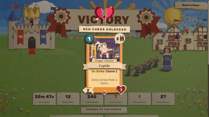 A new card unlocked on the victory screen: Cupids, just burned into full colour, while the warlord and her squad celebrate beside it in front of a cheering paper capital, its castle and houses hung with bunting.
