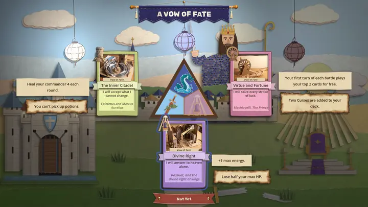 The vow room on the third visit: three vows of fate laid around a paper triangle, the land the first two vows built standing behind them, a castle and a giant crowned king, and a throne rising in a burst of light for the hovered Divine Right.