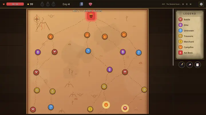 The branching act map with battle, elite, merchant and campfire nodes.