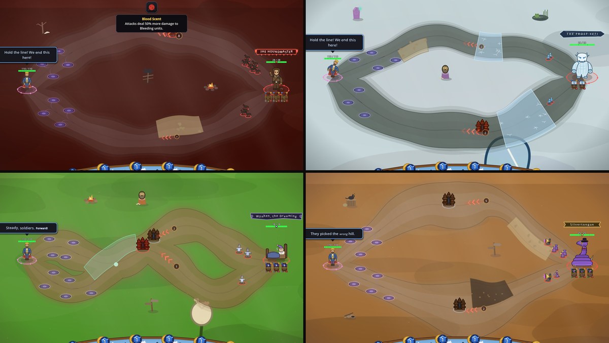 Four arenas in four palettes: the Houndmaster's bloodfield, the Frost Yeti's ice, Wynken's green dreamland, Silvertongue's desert
