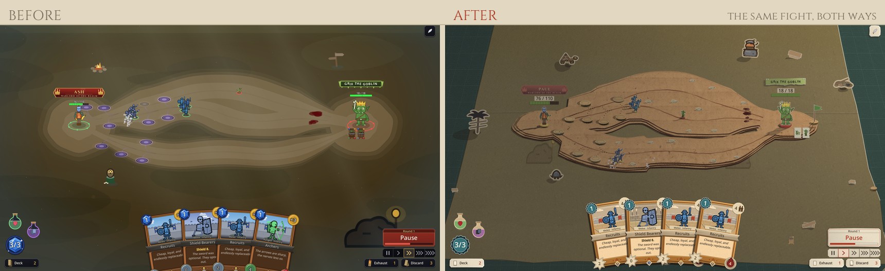 The same battle before and after: the old painted arena beside the cardboard desk, standees on corrugated bases under a lamp.