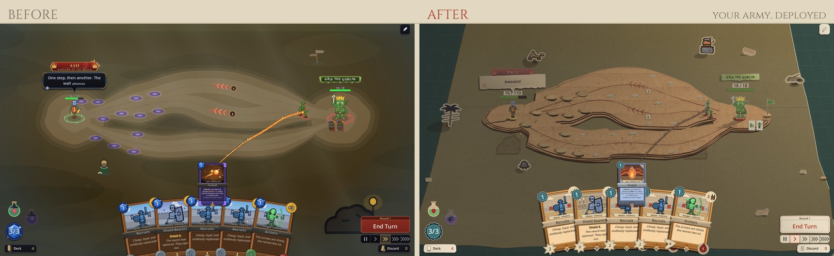 The deploy screen before and after, rebuilt out of cut card.