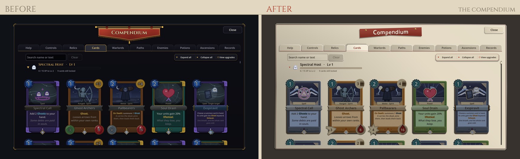 The compendium before and after, rebuilt out of cut card.