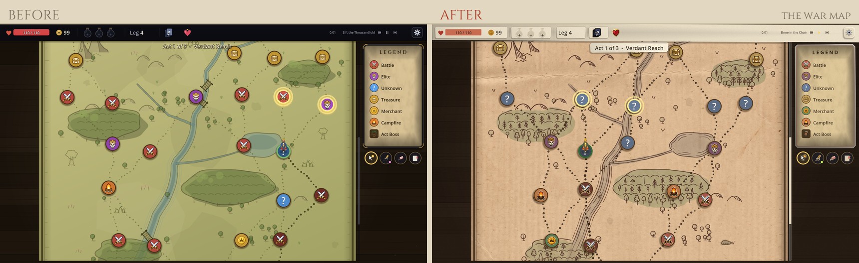 The branching war map before and after, redrawn on kraft paper.