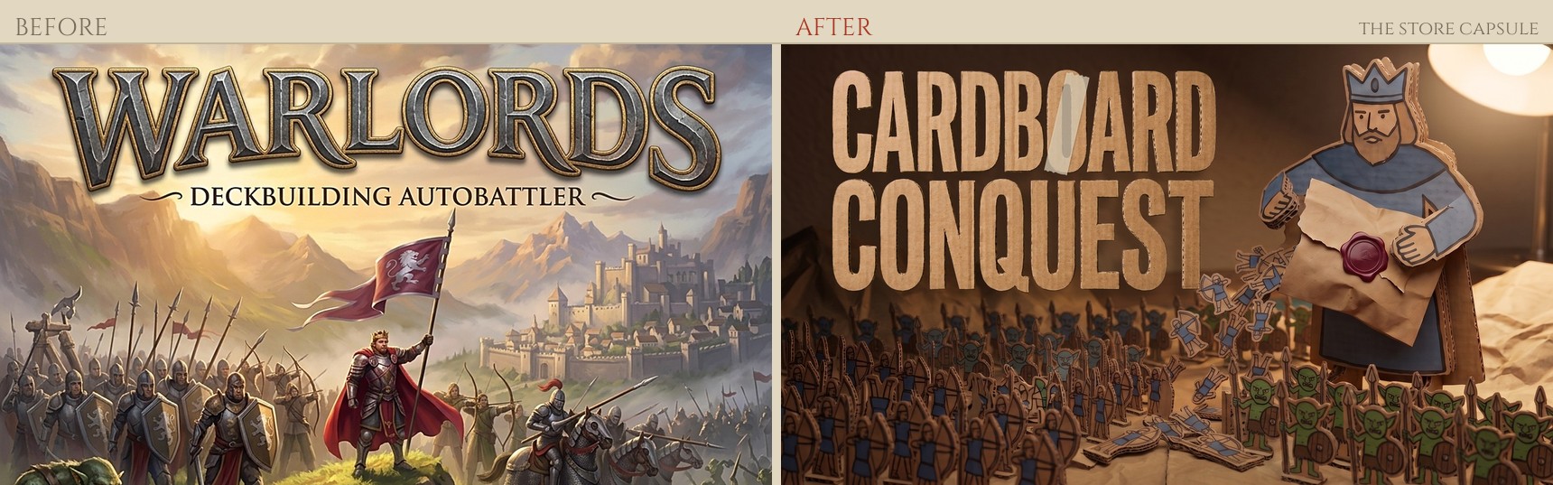 The store capsule before and after: the painted Warlords logo over a knight's army, beside the Cardboard Conquest logo over a paper king and his standees.