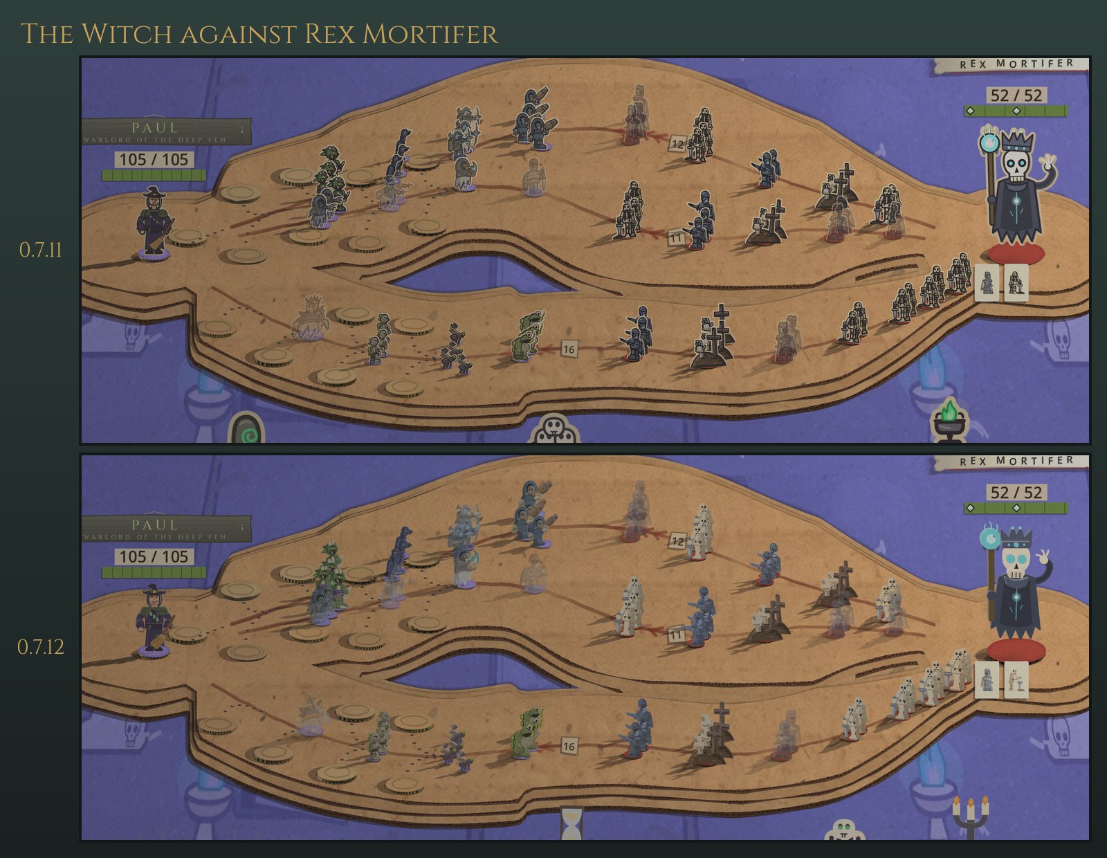 The same battle twice, 0.7.11 above and 0.7.12 below: the Witch's spectral and venom units against Rex Mortifer's skeletons, grave markers and ghosts on purple ground