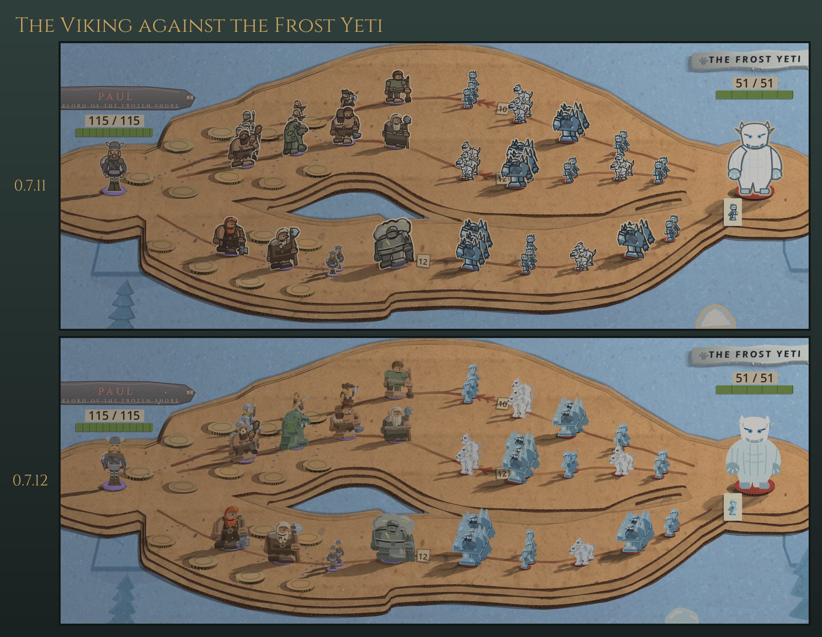 The same battle twice, 0.7.11 above and 0.7.12 below: the Viking's giants and warriors against the Frost Yeti's ice golems, wolves and frost creatures on pale blue ground