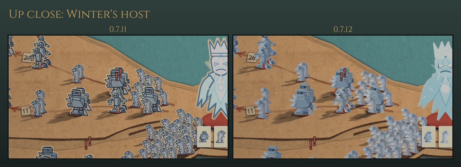 Close-up of the Avatar of Winter and his crowd of ice creatures, 0.7.11 on the left with dark outlines and pale kraft rims, 0.7.12 on the right without them