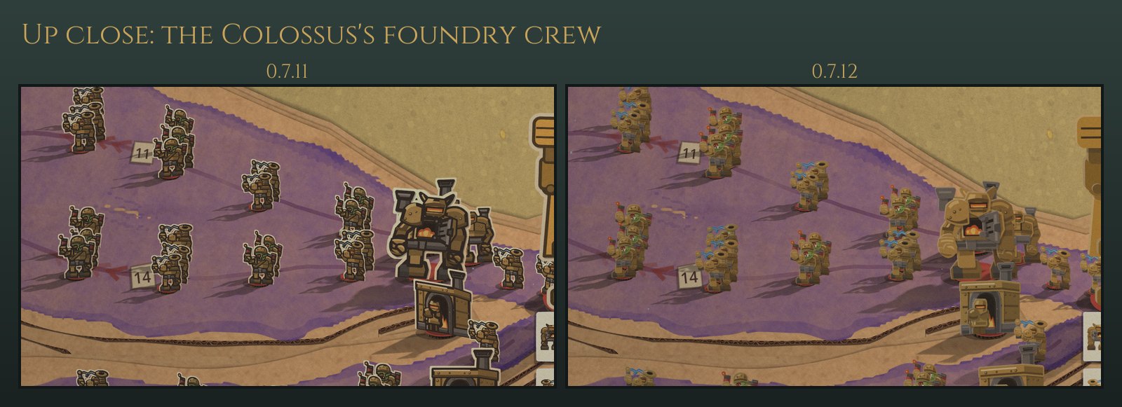 Close-up of the Brass Colossus's brass foundry troops on purple ground, 0.7.11 beside 0.7.12