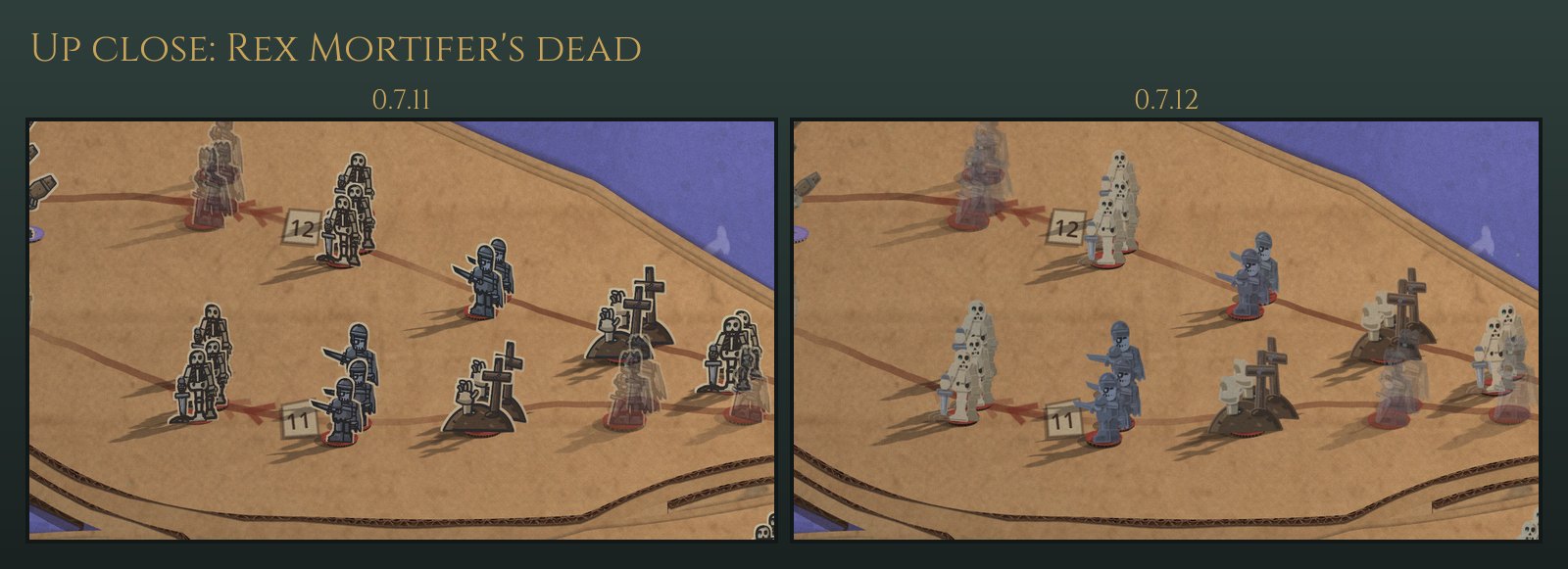 Close-up of Rex Mortifer's skeletons, grave-cross markers and translucent ghosts, 0.7.11 beside 0.7.12