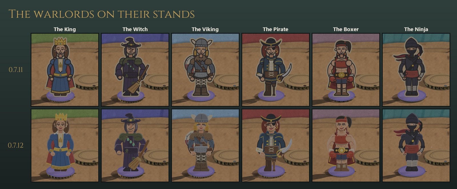 The King, Witch, Viking, Pirate, Boxer and Ninja standing on their summoning discs in the game, 0.7.11 beside 0.7.12