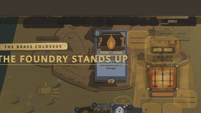The Brass Colossus's last phase card lands and the room's lights sag, stutter, go browner, then come back up
