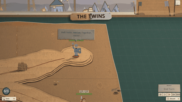 Boss intro against the Twins: the camera lands on Haft, pans to the second twin who taunts too, then pulls back to the player's commander