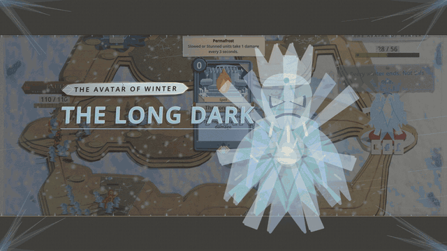 After The Long Dark banner, snow blows across the board, frost creeps in at the edges, and ice cracks run down the Avatar of Winter's roads