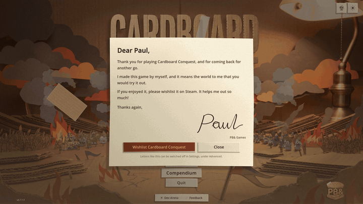 A thank-you letter over the title screen catches at its bottom left corner when Close is pressed and burns away to the menu