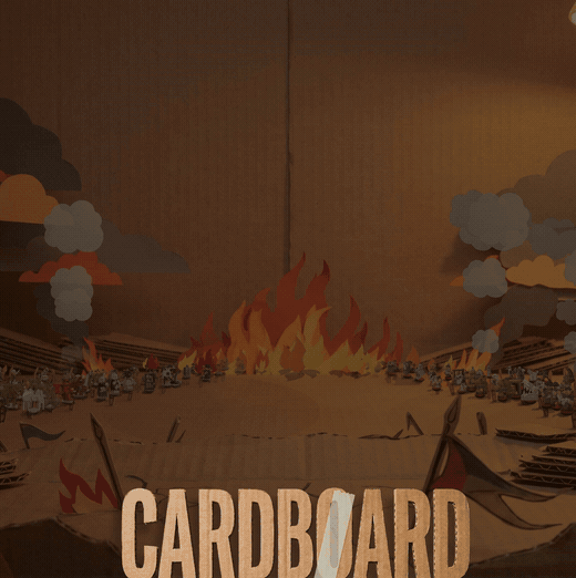 The credits roll as cards of paper stock scrolling over the battlefield, ending on a rosette-pinned plate with the player's own name