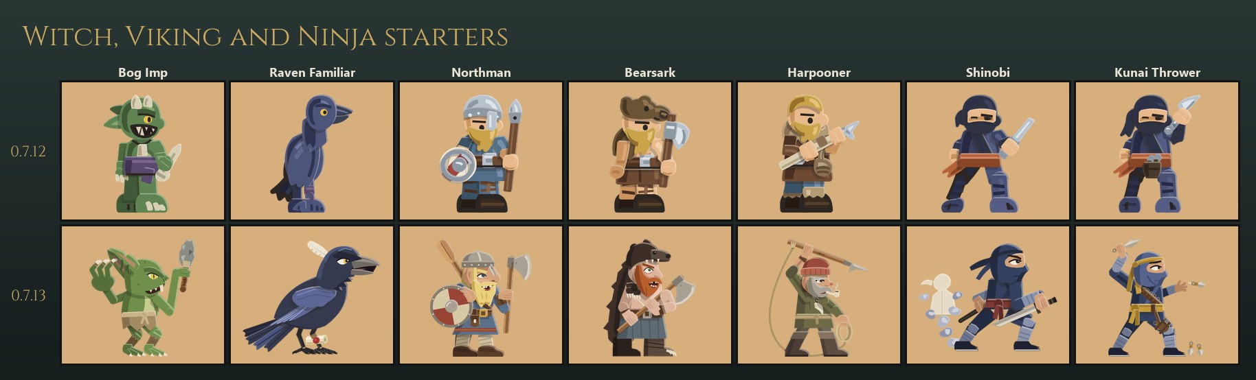 The Witch, Viking and Ninja starters: Bog Imp, Raven Familiar, Northman, Bearsark, Harpooner, Shinobi and Kunai Thrower, 0.7.12 on the top row and the redrawn 0.7.13 versions below