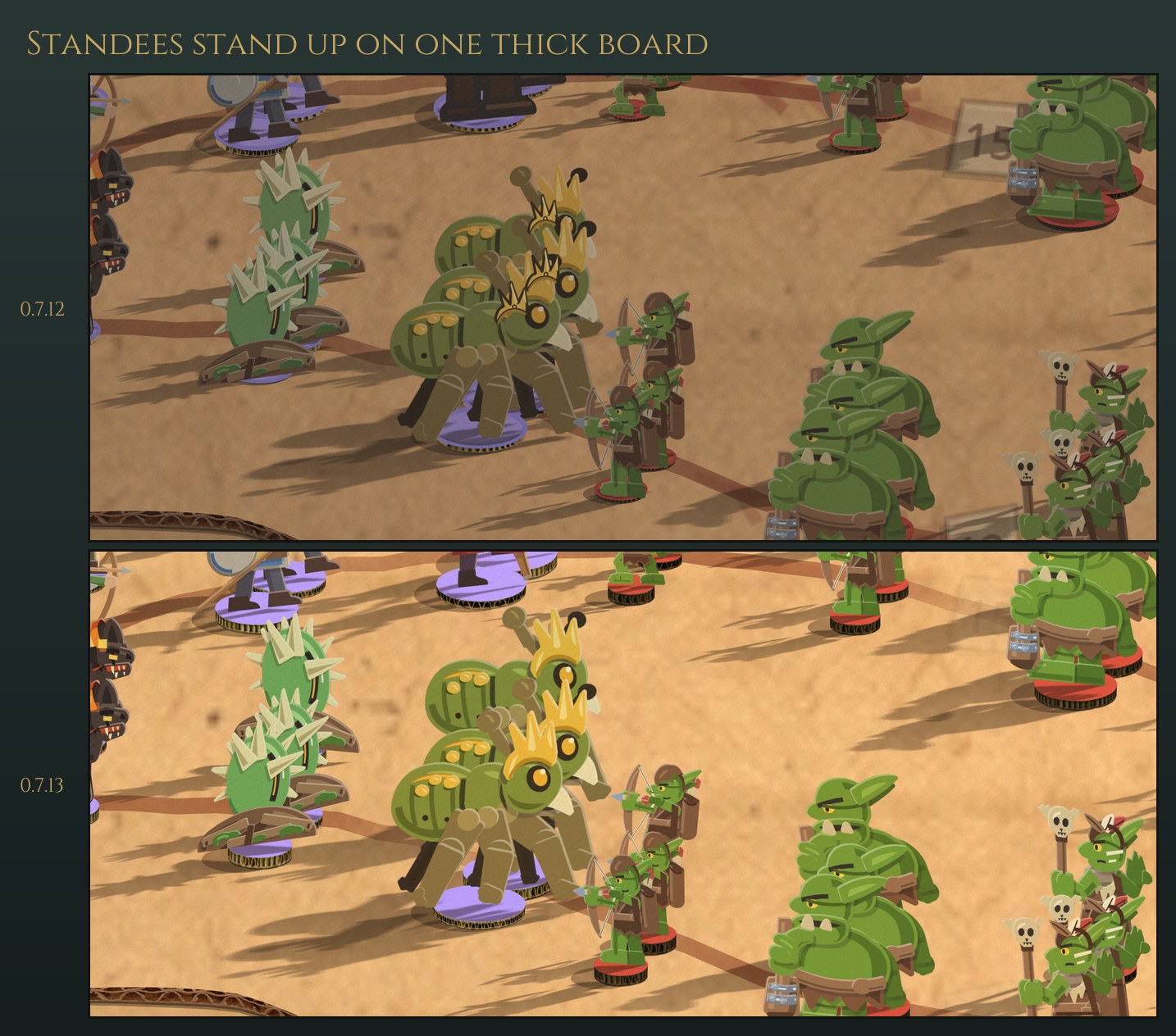 The same crowd of goblin and bug standees twice: above in 0.7.12, squashed figures on thin discs; below in 0.7.13, the same figures at full height on thick corrugated stands