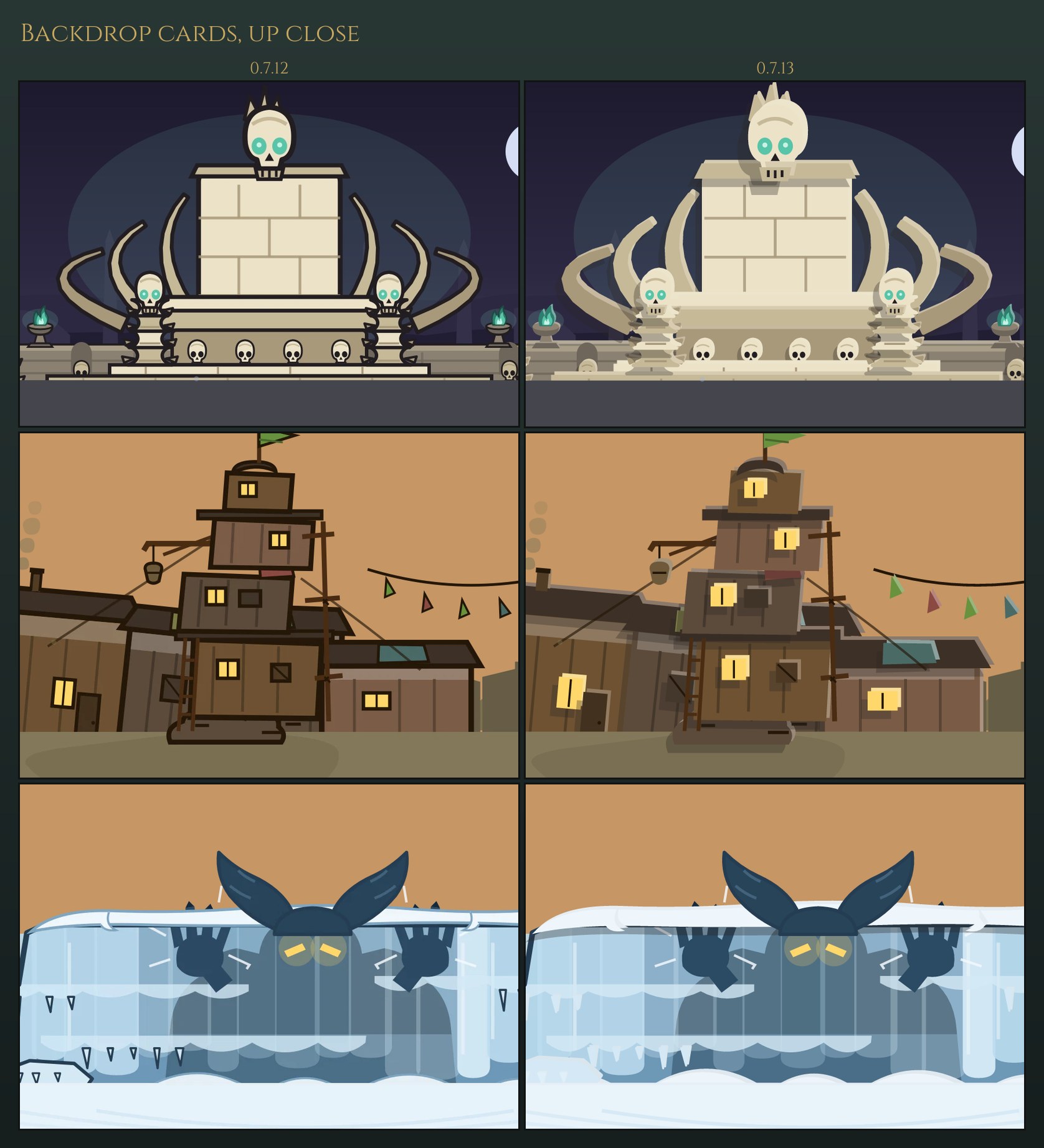 Close-ups of three backdrop cards, 0.7.12 with dark ink outlines on the left and 0.7.13 in flat paper on the right: the Lich King's throne, the Goblin King's tower and the Frost Yeti behind his ice wall