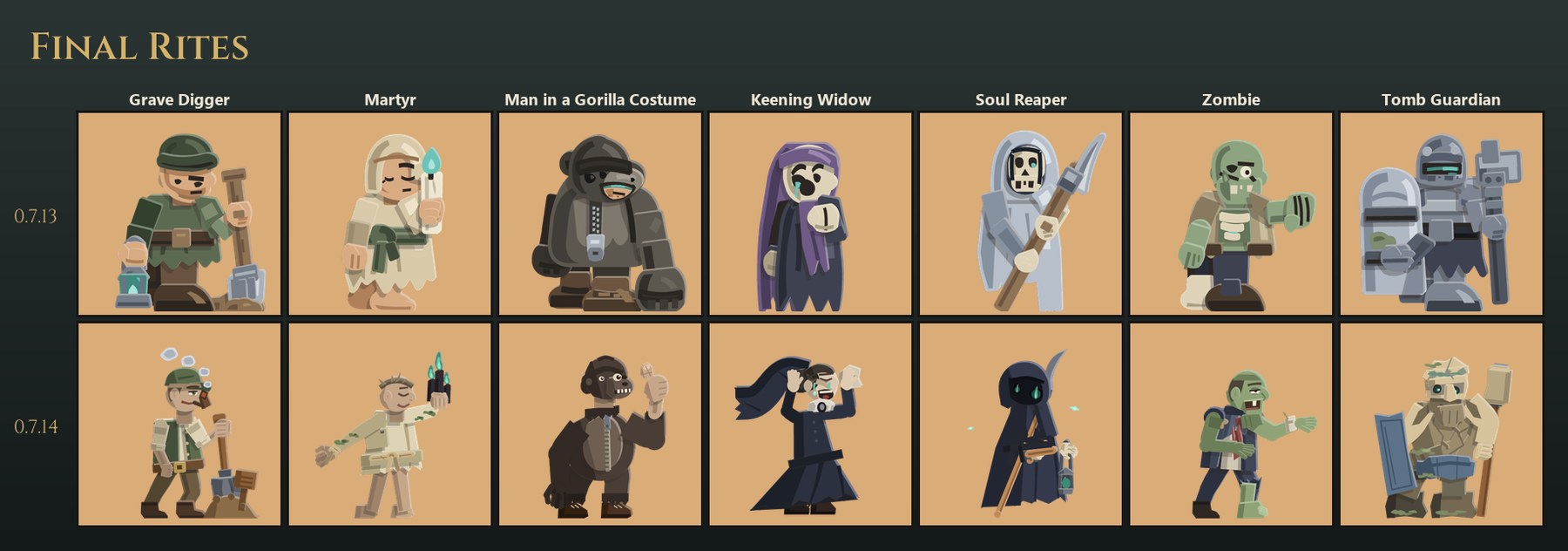 Final Rites: Grave Digger, Martyr, Man in a Gorilla Costume, Keening Widow, Soul Reaper, Zombie and Tomb Guardian