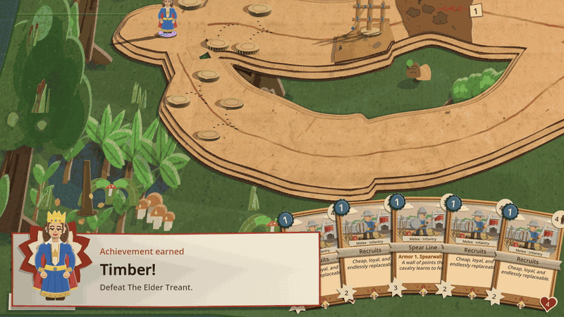 Achievement earned, Timber!, for defeating the Elder Treant: the King's paper doll dances on the plate in the lower left while confetti falls over the fight