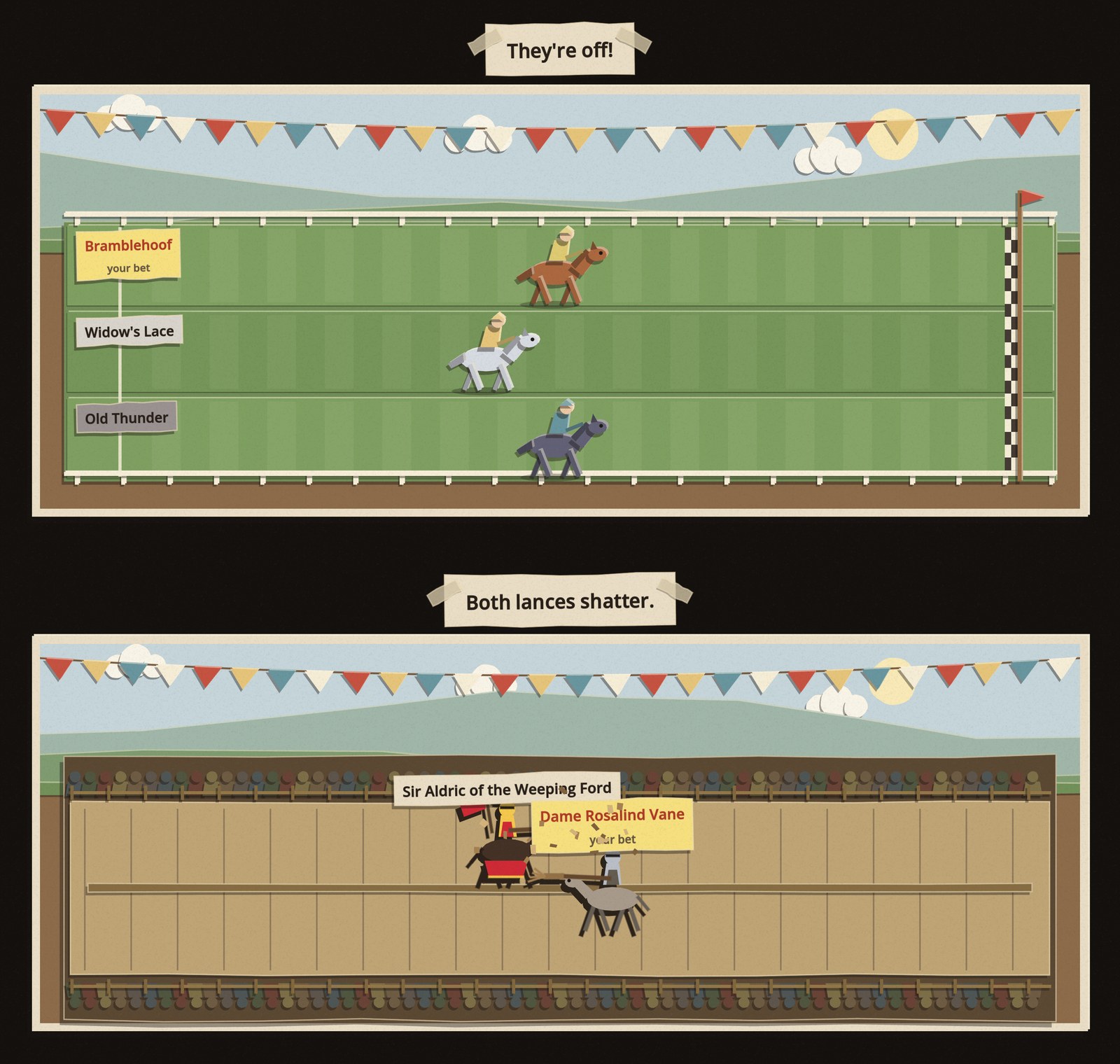 Two minigames on their new stage cards: the horse race with bunting and a checkered finish, and the joust in front of a crowd stand as both lances shatter