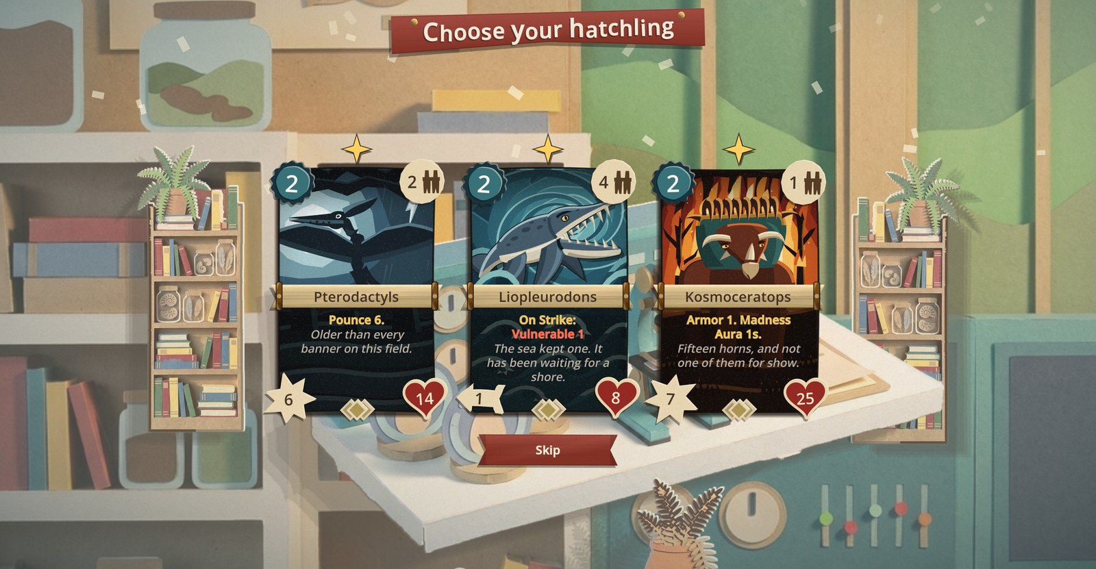 Choose your hatchling, in the professor's lab with bookcases of jars and fossils: the Pterodactyls, the Liopleurodons and the Kosmoceratops