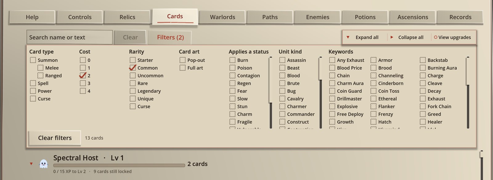 The compendium's Cards page with the Filters tray open, Common and cost 2 ticked, showing 13 cards