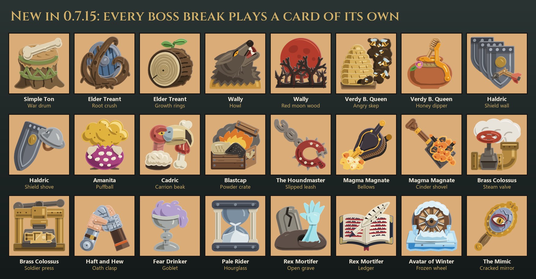 A grid of 24 cut-paper card pictures for the lords' phase breaks, among them Simple Ton's war drum, Wally's howl under a red moon, Verdy B. Queen's angry skep, Haldric's shield wall, the Brass Colossus's steam valve, Rex Mortifer's open grave and the Avatar of Winter's frozen wheel