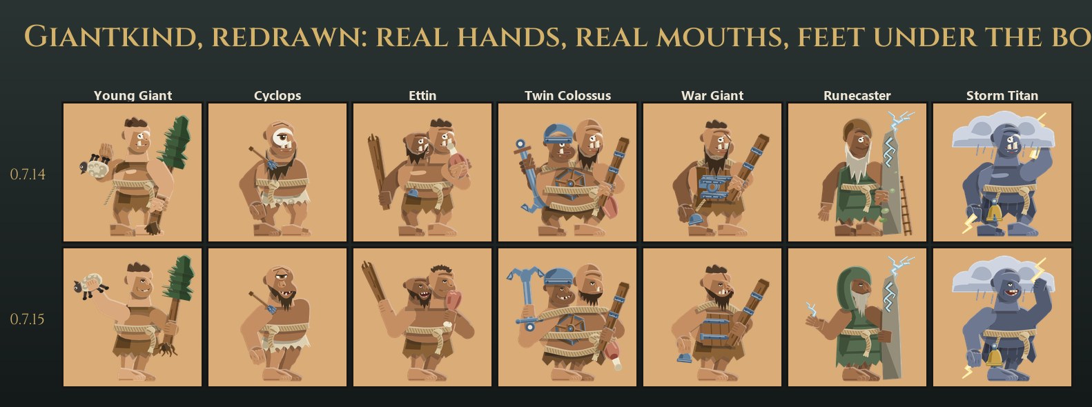 The giants before and after: the Young Giant holding his sheep, the Cyclops, the Ettin, the Twin Colossus, the War Giant, the Runecaster and the Storm Titan