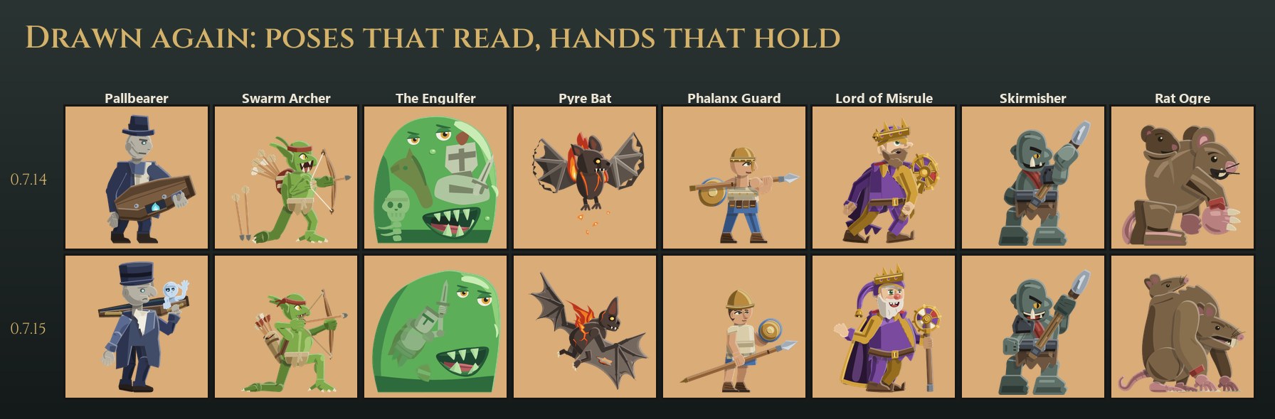 Eight units before and after: the Pallbearer with the coffin on his shoulder and a ghost waving from it, the Swarm Archer at full draw, the knight tumbling inside The Engulfer, the Pyre Bat, the Phalanx Guard, the Lord of Misrule, the Skirmisher and the Rat Ogre