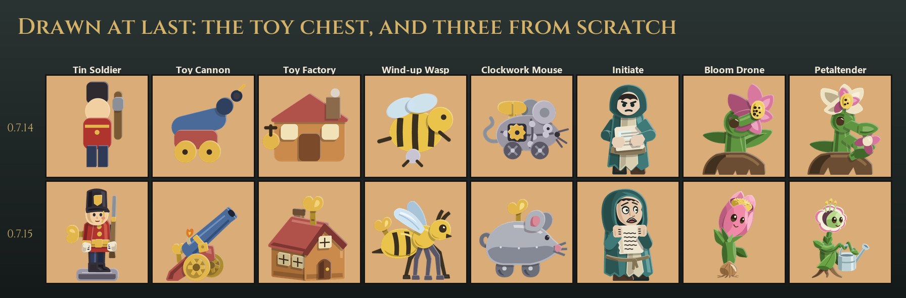 The Toy Chest drawn at last, and three units redrawn, before and after: the Tin Soldier, Toy Cannon, Toy Factory, Wind-up Wasp, Clockwork Mouse, a frightened Initiate, a Bloom Drone with a tulip for a head, and the Petaltender with a watering can