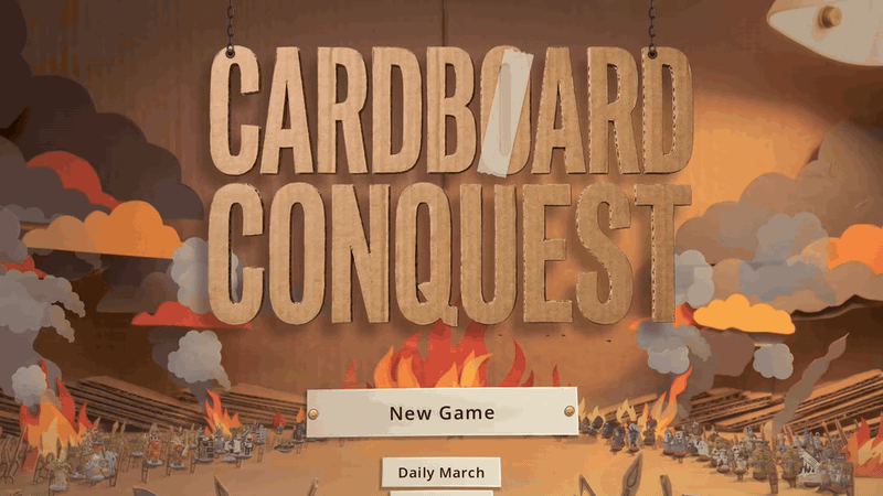 The Cardboard Conquest title sign is knocked and swings on its two chains over the main menu