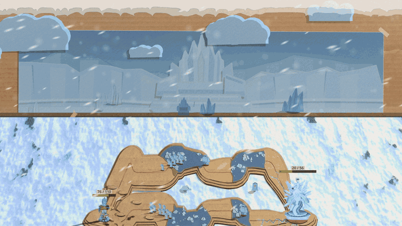 A glowing ice fortress rises out of the Avatar of Winter's backdrop card in a blizzard, with the snowy battlefield below