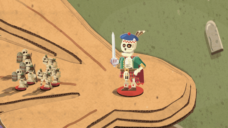 Ossric, the Marrow-Mormaer loses at bone Jenga: the warlord pulls bones one by one from the tower balanced on his tam until the skeleton lord topples over