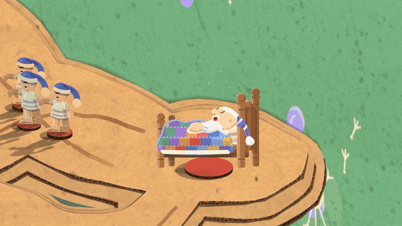 The warlord tucks Wynken into his patchwork bed as a sheep jumps overhead, then the bed goes dark