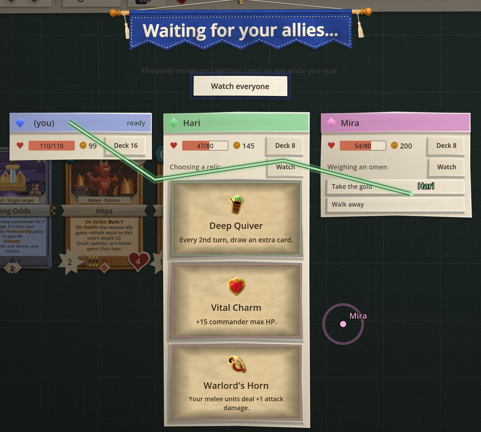 The co-op waiting screen shows each ally's health, gold and deck, what they are doing right now, and a Watch button for each